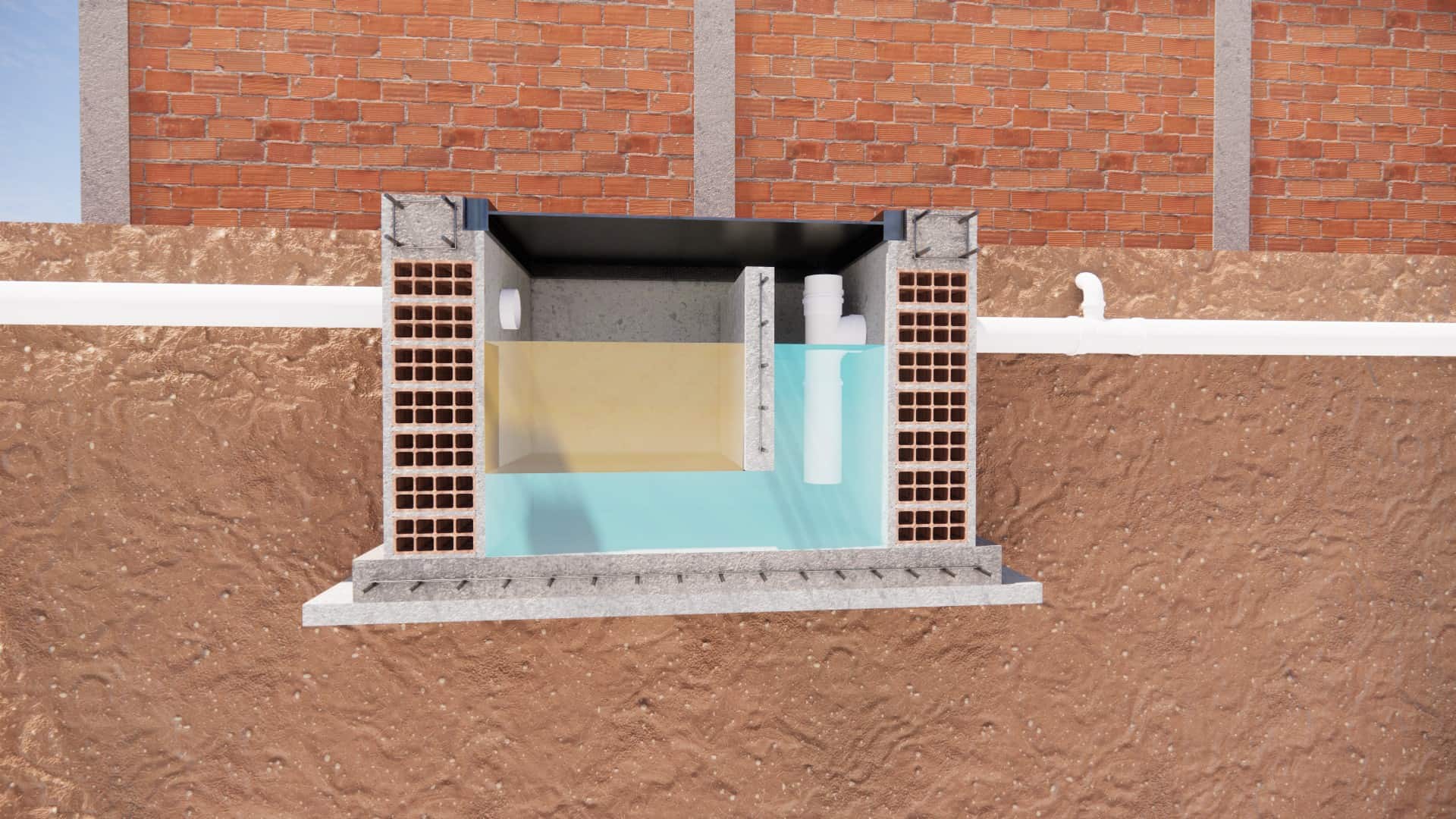 Corte 3D de caixa de gordura com entrada, septo, camaras e saida